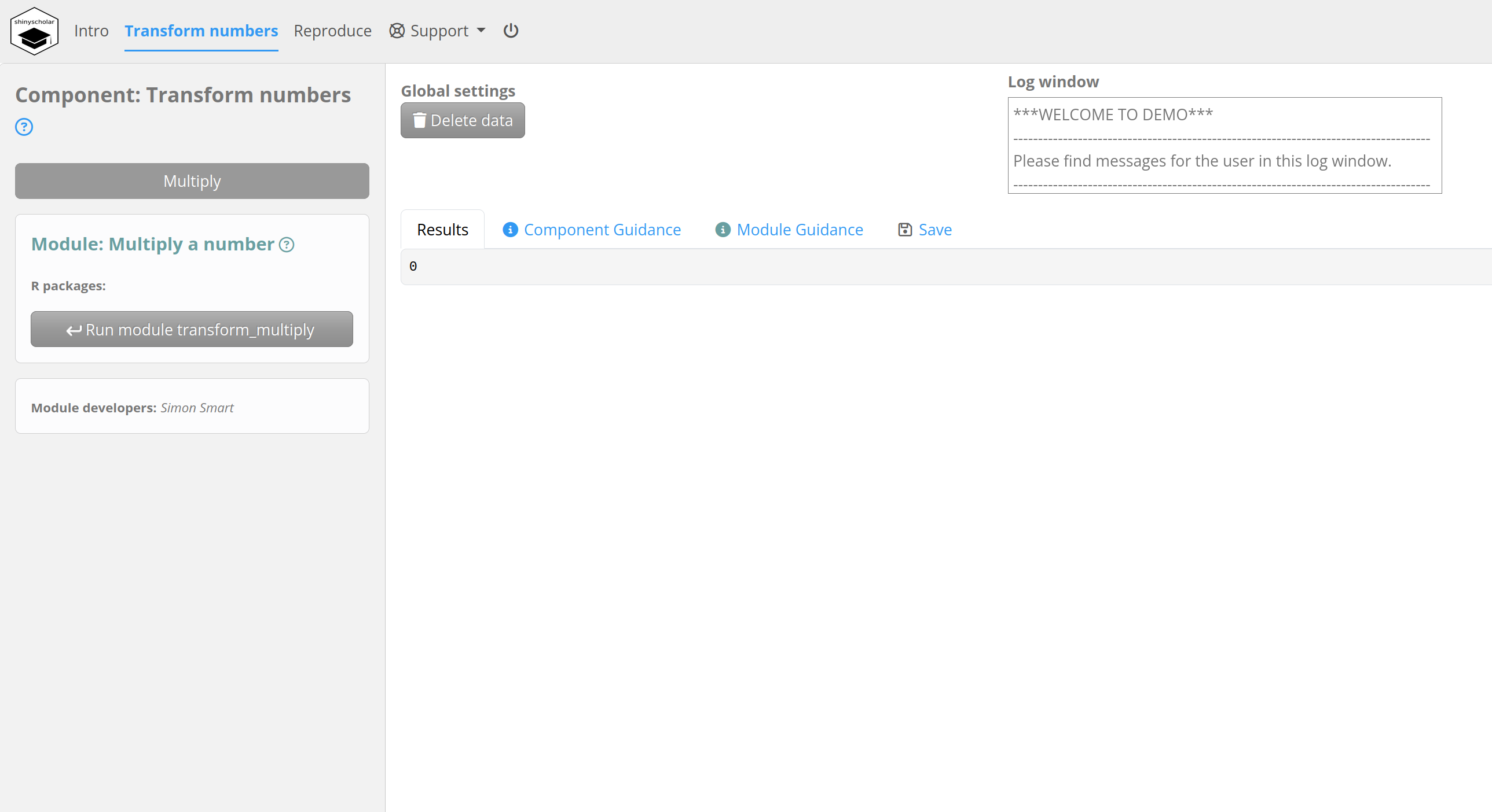 A screenshot of the app running after running the create_template function. A navigation bar at the top enables navigation between components and a menu in the sidebar enables navigation between modules. A logger window is present towards the top of the display and an empty results tab shown in the main panel.