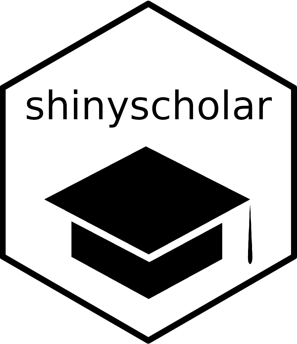 Hex logo of shinyscholar showing a black and white mortar cap