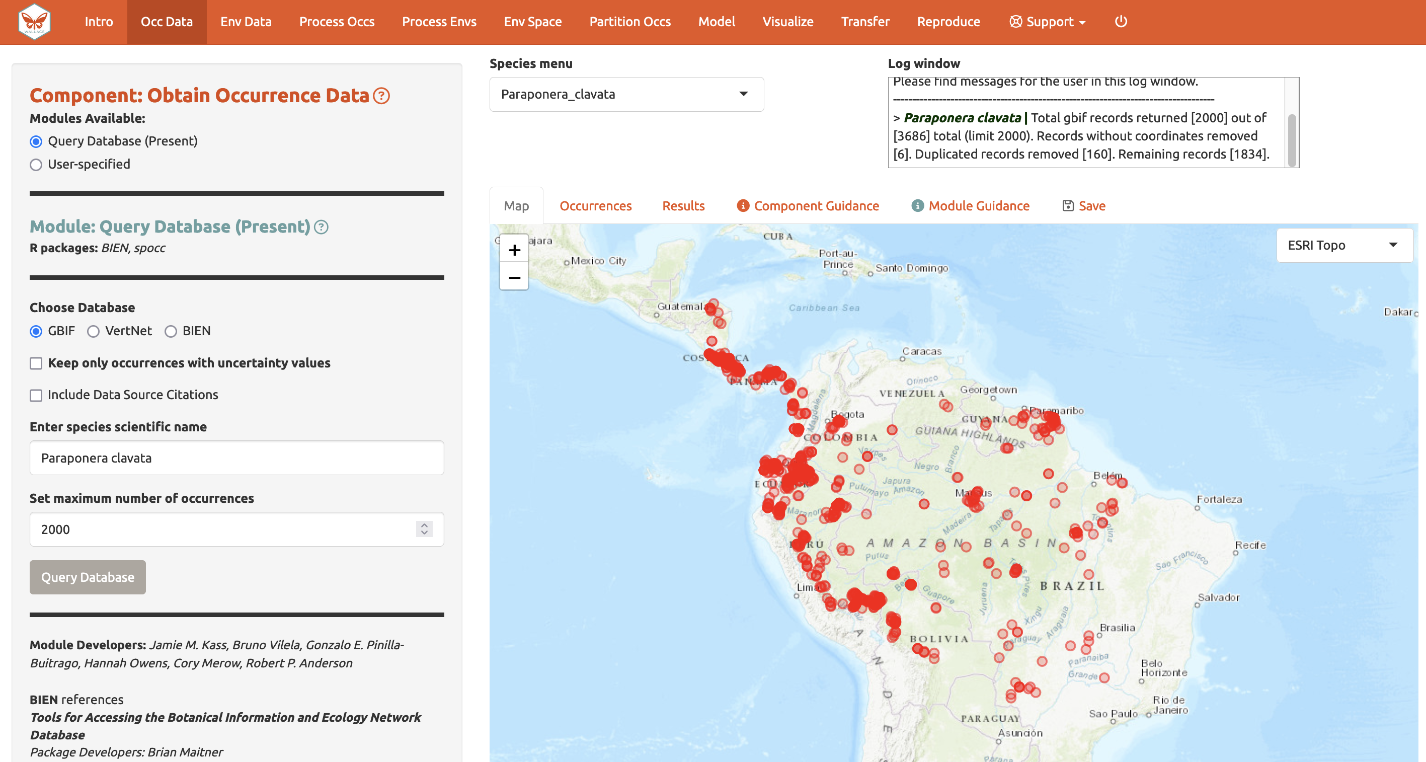 A screenshot of the Wallace app used to model species distributions. A sidebar shows that an option to load occurrence data from a database is selected and the species Paraponera clavata is selected with the point data where the species has been observed plotted on the map.